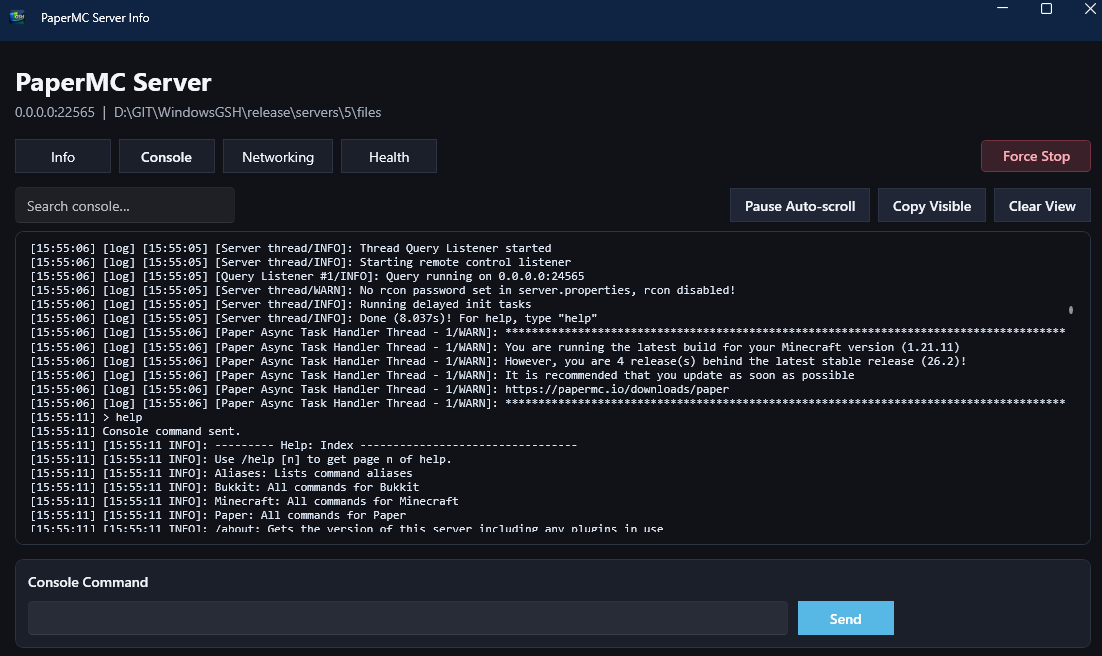 Live server output and supported console commands.