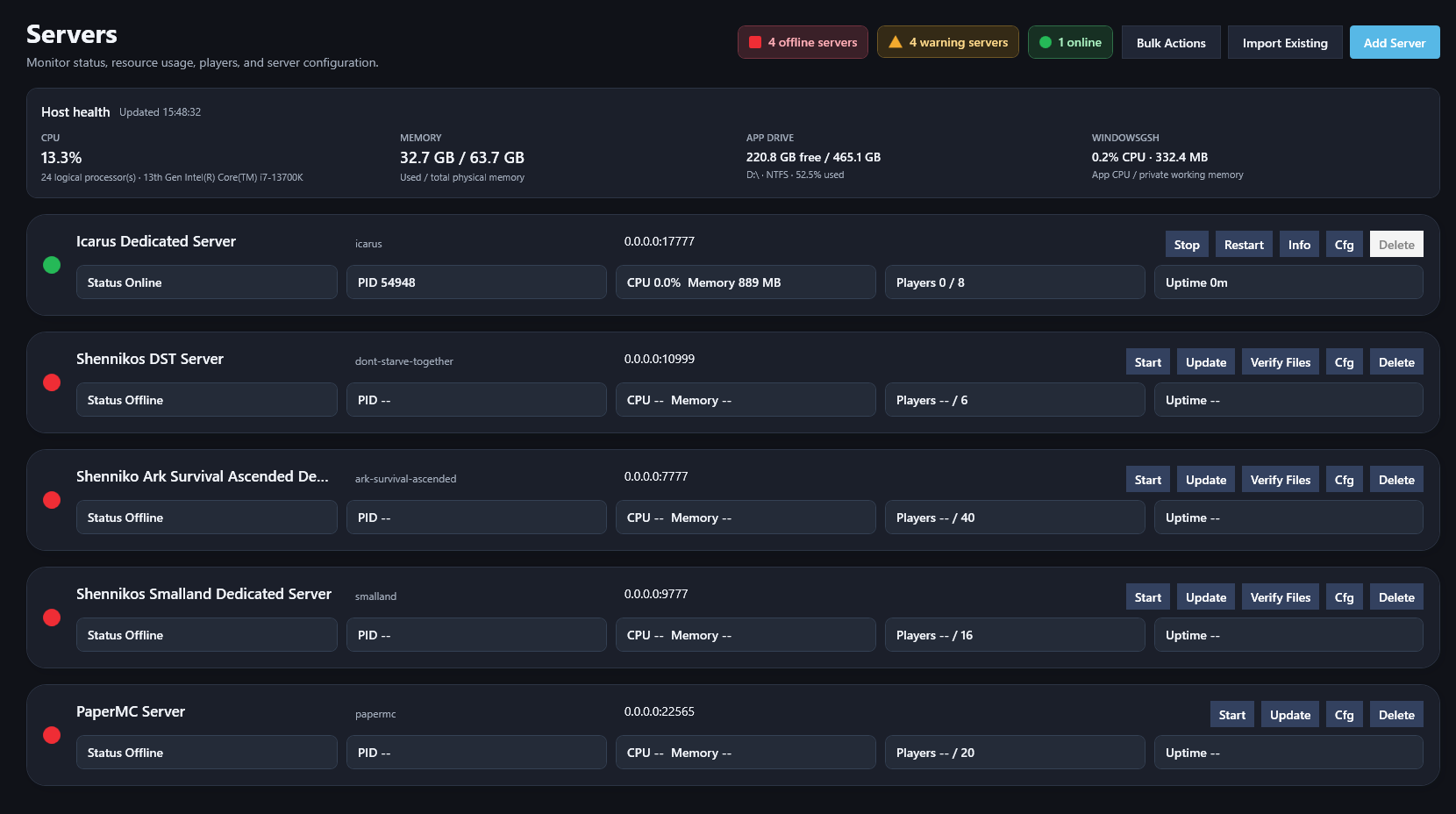 WindowsGSH server dashboard