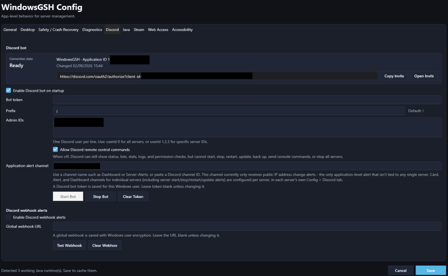 Optional Discord status, alert, and command integration.
