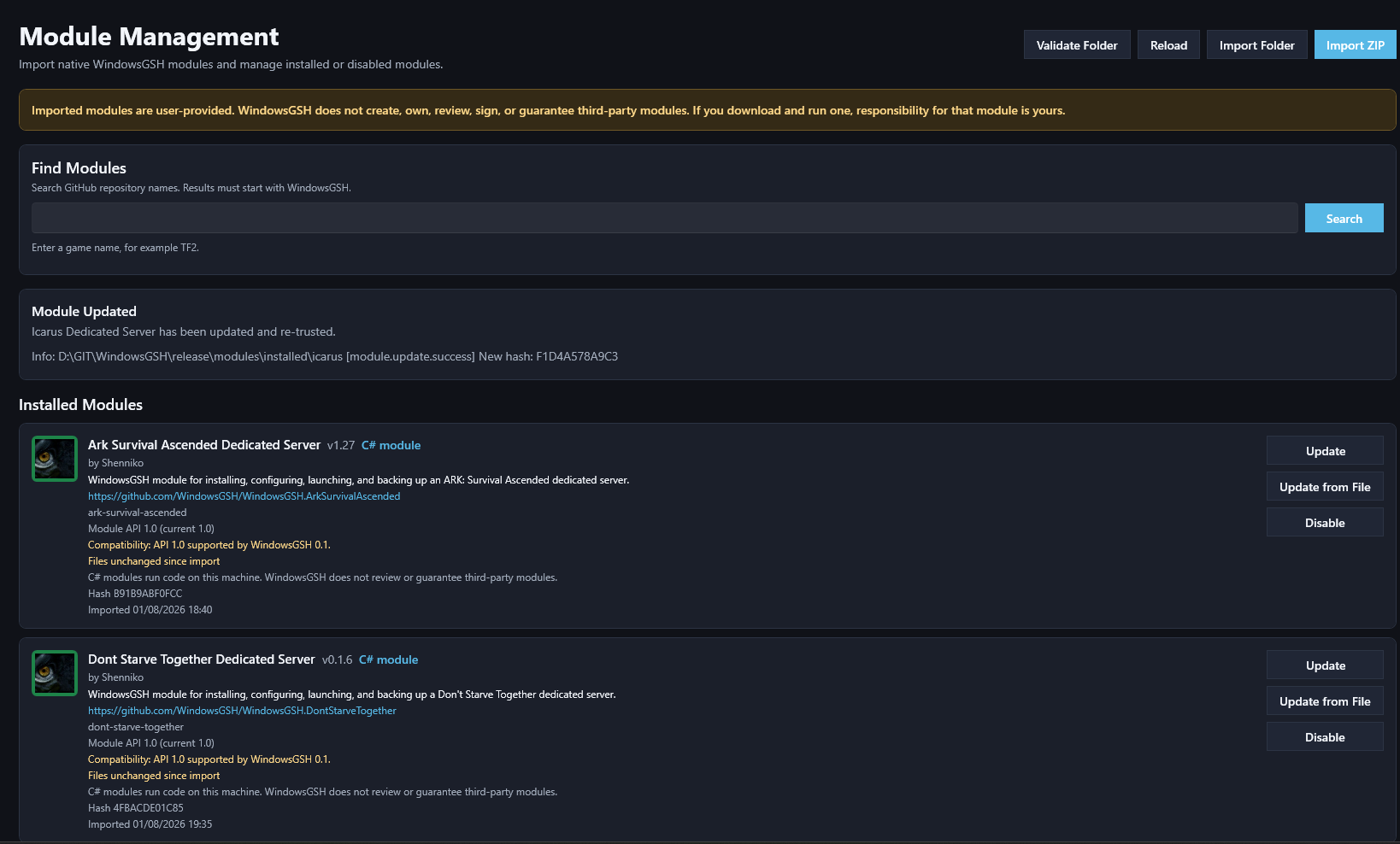 Module discovery, provenance, compatibility, and management.