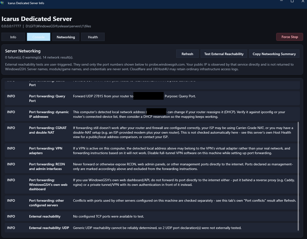 Firewall, port, and connectivity diagnostics.